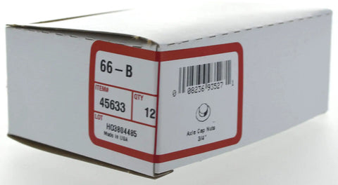 Box of Top Rated Heavy Duty 3/4 Inch Axle Cap Nuts 12 Pack showing item details and quantity.