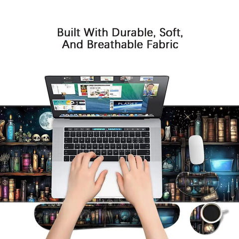 Memory Foam Keyboard Wrist Rest And XXL Extended Gaming Mouse Pad Set For Ergonomic Comfort Pain Relief Easy Typing 4 Piece Ultra Thick Desk Mats With Enchanted Bookshelf Design shown on a desk with laptop and coffee cup