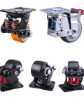 Heavy Duty 3 Inch Silent Damping Universal Caster Wheels Featuring Spring Shock Absorption And Polyurethane Tread For Warehouse Gates.