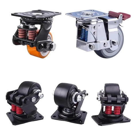 Heavy Duty 3 Inch Silent Damping Universal Caster Wheels Featuring Spring Shock Absorption And Polyurethane Tread For Warehouse Gates.