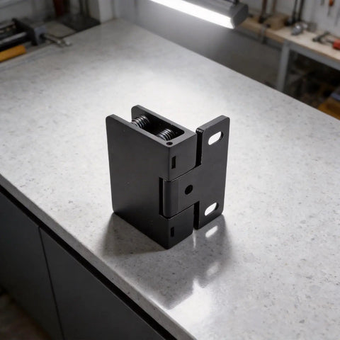 Boss Level Stainless Steel Hydraulic Glass Door Hinge Offering No Hassle U Shape Clip Installation And Smooth Operator Soft Close Action For Frameless Doors In Sleek Black, positioned on a countertop.