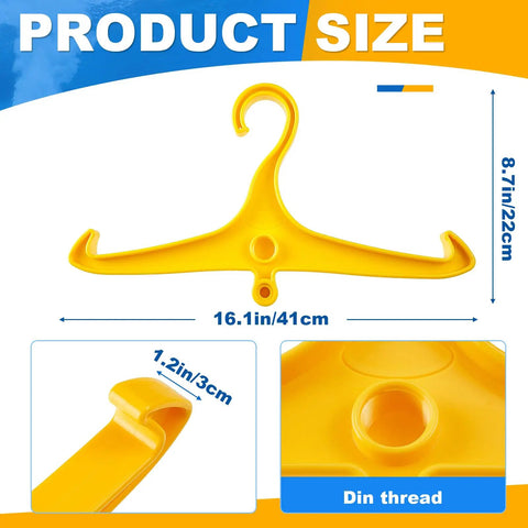Bright yellow Eight Pack Scuba Hanger With DIN Threads for Regulators and BCD Vests, side hanging design, product size dimensions.