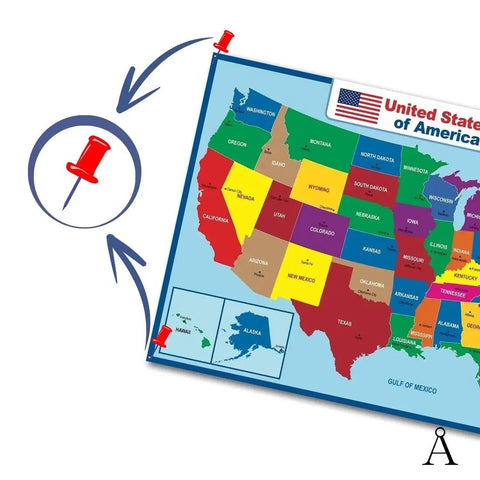 Jumbo Waterproof United States Map Poster on Durable Vinyl Flex, 36 by 24 Inches, highlighting Alaska and Hawaii, with push pins