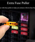 Hand using puller tool to extract fuse from 600 Piece Car Blade Zinc Fuse Kit With Box For Auto, Truck, Motorcycle Electrical Repair