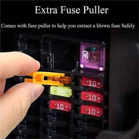 Hand using puller tool to extract fuse from 600 Piece Car Blade Zinc Fuse Kit With Box For Auto, Truck, Motorcycle Electrical Repair