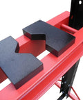 Built Tough 20 Ton Air Powered Hydraulic Shop Press With Adjustable Height Base And Dual Direction Ram Cylinder components, black and red detailing.