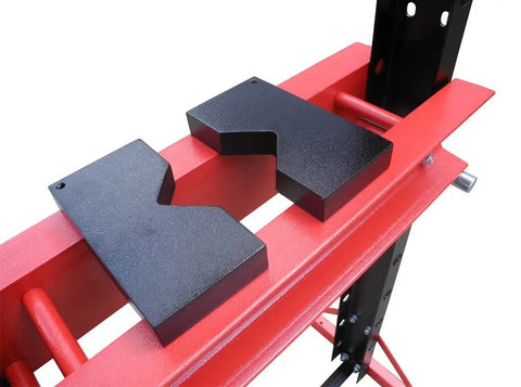 Built Tough 20 Ton Air Powered Hydraulic Shop Press With Adjustable Height Base And Dual Direction Ram Cylinder components, black and red detailing.