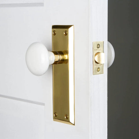 New York Style Plate And Interior White Porcelain Round Door Knob With Matching Plate For Vintage To Modern Doors Durable Classic Hardware