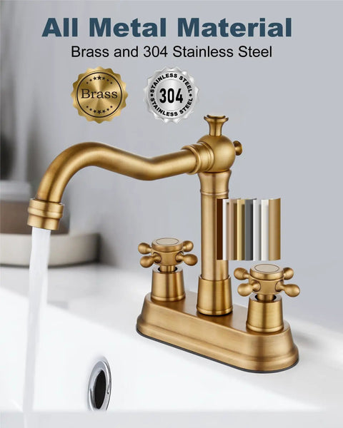 Antique Brass 4 Inch Centerset Bathroom Faucet with Two Cross Handles Retro RV Style Mixer Tap for 3 Hole Basins Vanity Lavatory