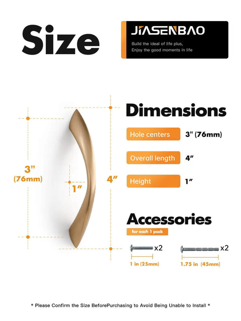 Champagne Bronze 3 Inch Arch Twisted Brass Cabinet Pulls 5 Pack showing size and included screws in illustration.