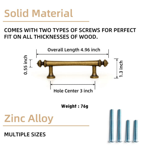 Six Pack 3 Inch Hole Center Cabinet Pulls Antique Brass Zinc Alloy Drawer Handles For Kitchen Cabinets And Furniture Durable Zinc Alloy Construction With Antique Brass Finish Pre Drilled Holes For Easy Mounting Includes Two M4 Screws Per Pull 9618 GT 76mm