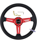 13 Inch Universal Golf Cart Steering Wheel With Red Spokes And PU Grip Fits Club Car DS Precedent EZGO RXV TXT Yamaha Boats And Adventure Simulators 6 Bolt Mount Durable Red Bracket Easy Set Up. Shown with tools for installation.
