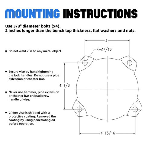 Beefy 5.5 Inch Bench Vise With Anvil And 210 Degree Swivel Base mounting instructions diagram showing bolt sizes