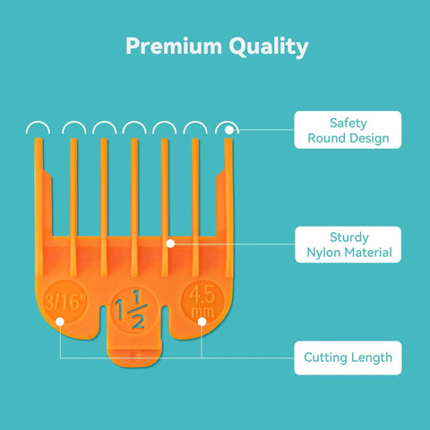 Clipper Guard Set For Most Hair Clippers Replacement Guides Includes Three Guards In Sizes One Sixteenth, One Eighth, And Three Sixteenths Inches Color Coded With Random Colors For Quick Picks And Easy Swaps On Wahl Clipper Heads, orange guard close-up with size and features.
