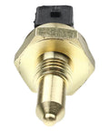 A-Premium coolant temperature sensor, brass threaded body with black plastic connector, front view.