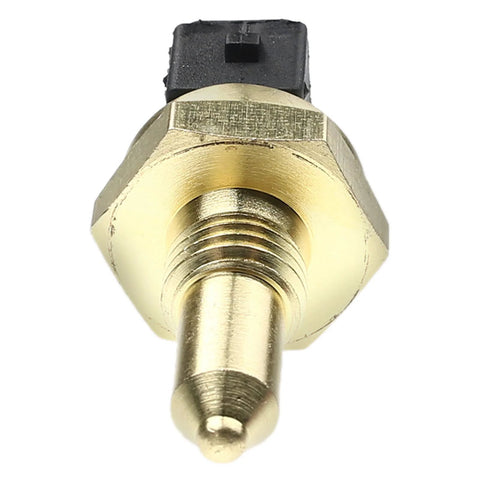 A-Premium coolant temperature sensor, brass threaded body with black plastic connector, front view.