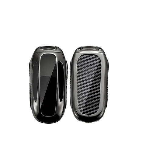 Sleek Rugged Carbon Fiber Key Fob Protector Case Optimized Perfect Fit Tesla Model X showing front and back views.