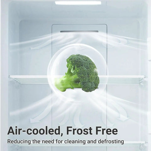 Heavy Duty 21 Cu Ft Upright Freezer, No Fuss Frost Free System with air-cooling technology visible and broccoli in interior.