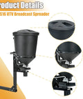 UTV Broadcast Spreader For Salt Grass Seed Fertilizer And More With 15 Gallon Hopper Adjustable Flow Spreads Up To 30 Feet All Season Use 150 Lb Capacity Black, shown in product detail view.