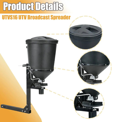UTV Broadcast Spreader For Salt Grass Seed Fertilizer And More With 15 Gallon Hopper Adjustable Flow Spreads Up To 30 Feet All Season Use 150 Lb Capacity Black, shown in product detail view.