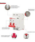 63 Amp Two Pole DIN Rail Mount AC Circuit Breaker with Thermal Magnetic Trip 120V 240V, front view, ergonomic handle, labeled features.