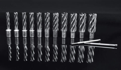 HSS Annular Cutter Set 13 Pc With 2 Inch Cutting Depth Weldon Shank Includes 11 Cutters And 2 Pilot Pins For Fast Steel Hole Cutting From 7/16 Inch To 1-1/16 Inch Pro Grade