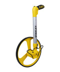 Heavy Duty Gear Driven Measuring Wheel With Tough Plastic Housing And Five Digit Counter Built Like A Tank With Quick Fold Handle And Kickstand Diecast Aluminum Wheel Aces Road Layouts Mw40M, side view with yellow handle.