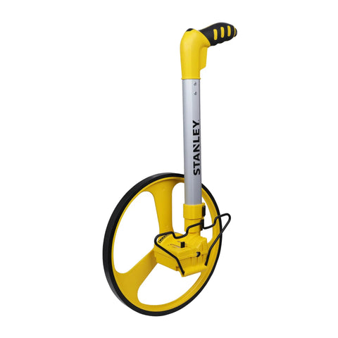 Heavy Duty Gear Driven Measuring Wheel With Tough Plastic Housing And Five Digit Counter Built Like A Tank With Quick Fold Handle And Kickstand Diecast Aluminum Wheel Aces Road Layouts Mw40M, side view with yellow handle.