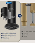 Comparison of Heavy Duty Adjustable Bed Legs With Grippy Rubber Base showing 2.37 inch rubber base vs 1.6 inch plastic base.