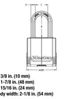 Diagram of Go-To Magnum Heavy-Duty Padlock With Key Set, 2-Pack Keyed-Alike dimensions, laminated steel body, boron carbide shackle