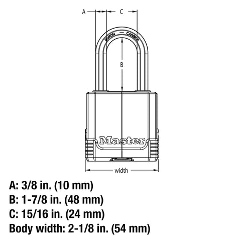 Diagram of Go-To Magnum Heavy-Duty Padlock With Key Set, 2-Pack Keyed-Alike dimensions, laminated steel body, boron carbide shackle