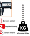 Digital caliper measuring 4.5mm bead chain showing size and weight capacity, highlighting corrosion resistance, large load-bearing, excellent material.