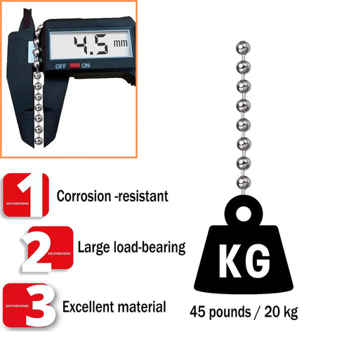 Digital caliper measuring 4.5mm bead chain showing size and weight capacity, highlighting corrosion resistance, large load-bearing, excellent material.