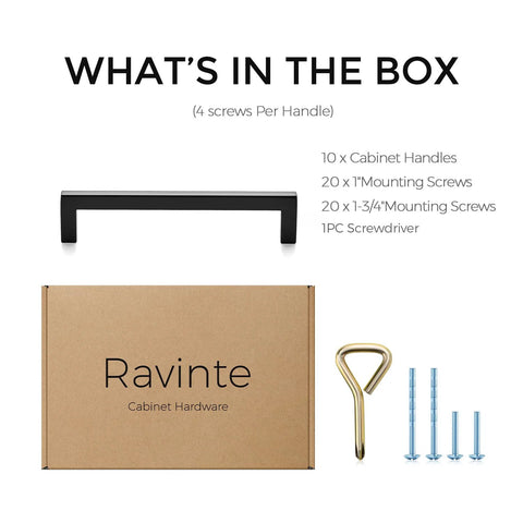 10 Pack Matte Black Cabinet Pulls With 5 Inch Hole Center Square Bar Slim Drawer Handles and included screws shown with packaging