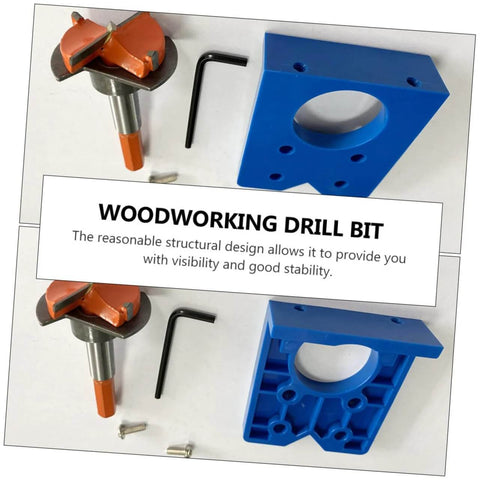 Gadpiparty hinge drill bit positioner for cabinet hinges, blue plastic jig with hole puncher (front view)