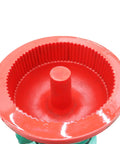 No Sweat Heavy Duty 40L Vibration Polishing Machine For Metal Hardware Parts Quick Deburring And Chamfering Tool Smooth As Butter 1440Rpm Electric Motor Setup top view of the red polishing drum with ridged interior.