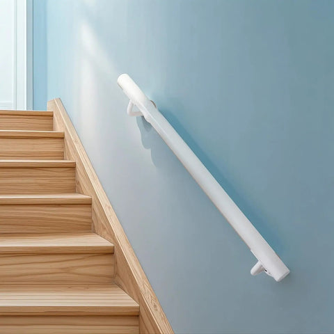 Built Like A Tank Two Foot White Steel Stair Railing With Heavy Duty Wall Mount Brackets installed on wooden steps.
