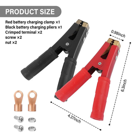 Heavy Duty 2 Pack Car Battery Charger Clamps Drop In Replacement With Smooth Grippy Handles And Secure Seals built tight, shown with size details.