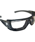 Oversized Anti Fog Safety Goggles Featuring Vented Temple Slots And Hella Soft Eva Foam Seal For No Sweat Wraparound Vision And Knockout Job Site Protection Pack Of Twelve, black frame, clear lenses, side view.