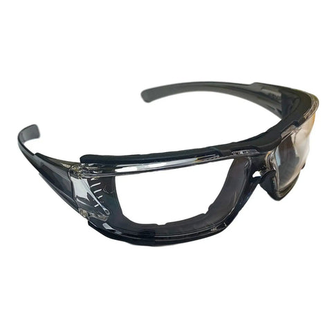 Oversized Anti Fog Safety Goggles Featuring Vented Temple Slots And Hella Soft Eva Foam Seal For No Sweat Wraparound Vision And Knockout Job Site Protection Pack Of Twelve, black frame, clear lenses, side view.