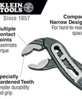Close-up of 7 Inch Klaw Pump Pliers with narrow jaw, extra hardened teeth, and detailed features for pro-level torque and longevity.