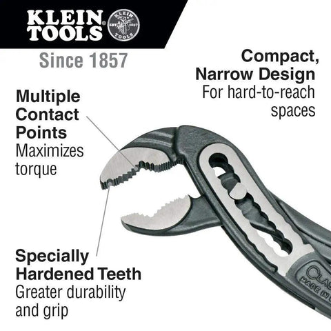 Close-up of 7 Inch Klaw Pump Pliers with narrow jaw, extra hardened teeth, and detailed features for pro-level torque and longevity.