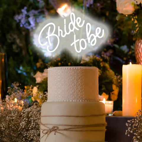 Bride To Be Neon LED Sign White Letters Light For Bridal Shower And Bachelorette Party Wall Decor above cake