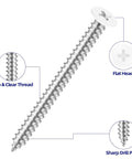 Big Time Grip Flat Head Wood Screws Size Eight By One Half Inch with flat head, sharp drill point, and deep threads.
