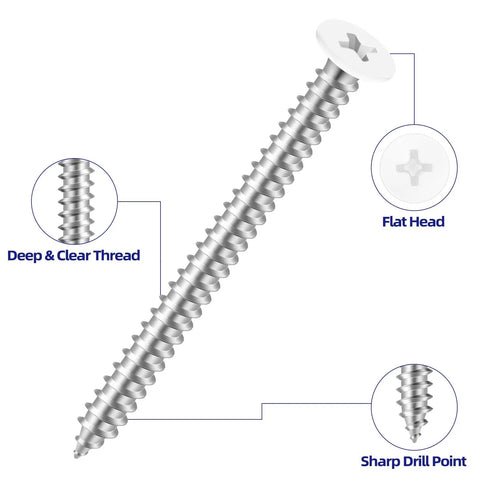 Big Time Grip Flat Head Wood Screws Size Eight By One Half Inch with flat head, sharp drill point, and deep threads.