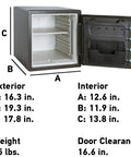 Interior view of Black Fireproof Safe With Digital Push Button Keypad For Home Use Keep Cash And Documents Safe From Fire 1.23 Cubic Feet UL Classified Customizable Combination, showing dimensions and shelves.