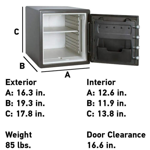 Interior view of Black Fireproof Safe With Digital Push Button Keypad For Home Use Keep Cash And Documents Safe From Fire 1.23 Cubic Feet UL Classified Customizable Combination, showing dimensions and shelves.