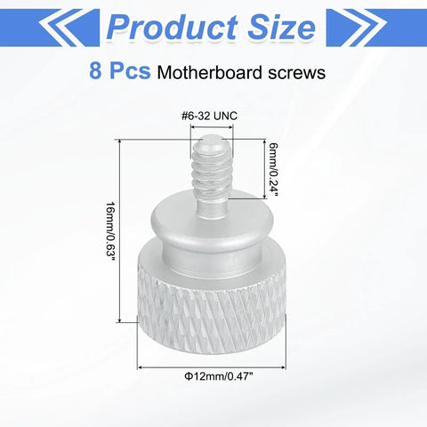 Standard 6 32 Unc Aluminum Thumb Screws Eight Pack White Anodized tool-free fasteners for PC with dimensions and knurled grip.
