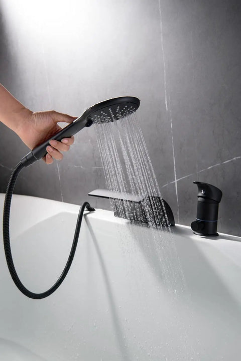 Matte Black Roman Tub Faucet With 3 Hole Deck Mount Easy Install No Fuss Single Handle Tub Filler And Hand Shower