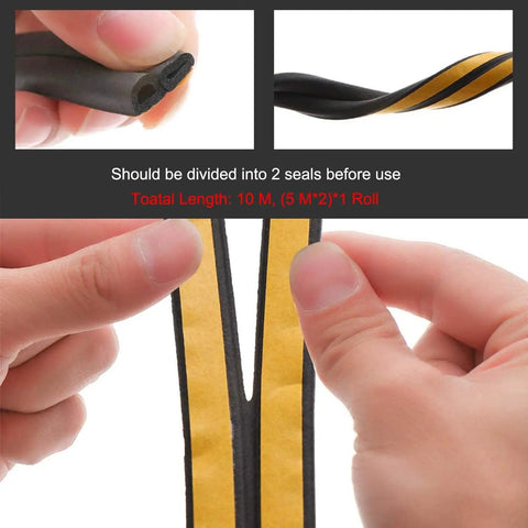Tough As Nails Weather Stripping Door Seal Strip, 10 M roll, D shape, shows hands holding black and yellow seal for easy division.